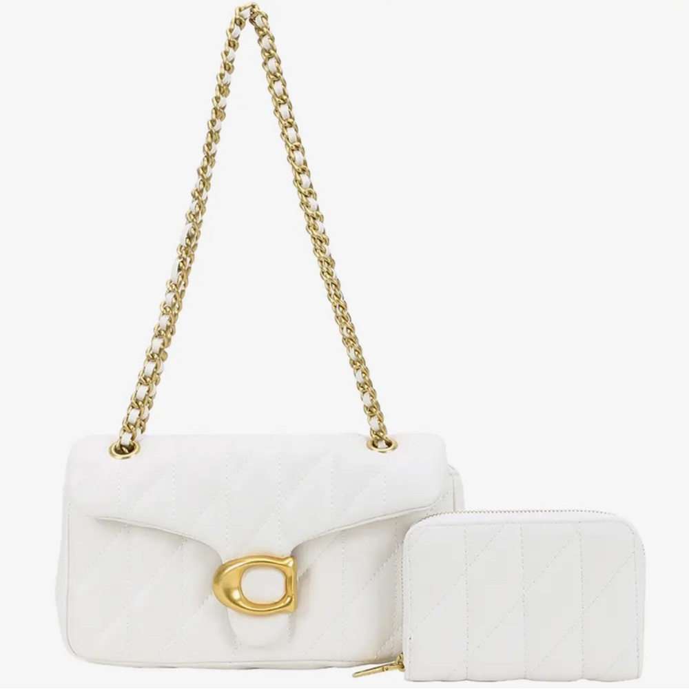 2 in 1 Classic Fashion Quilted White Shoulder Bag with Gold Chain and Clasp
